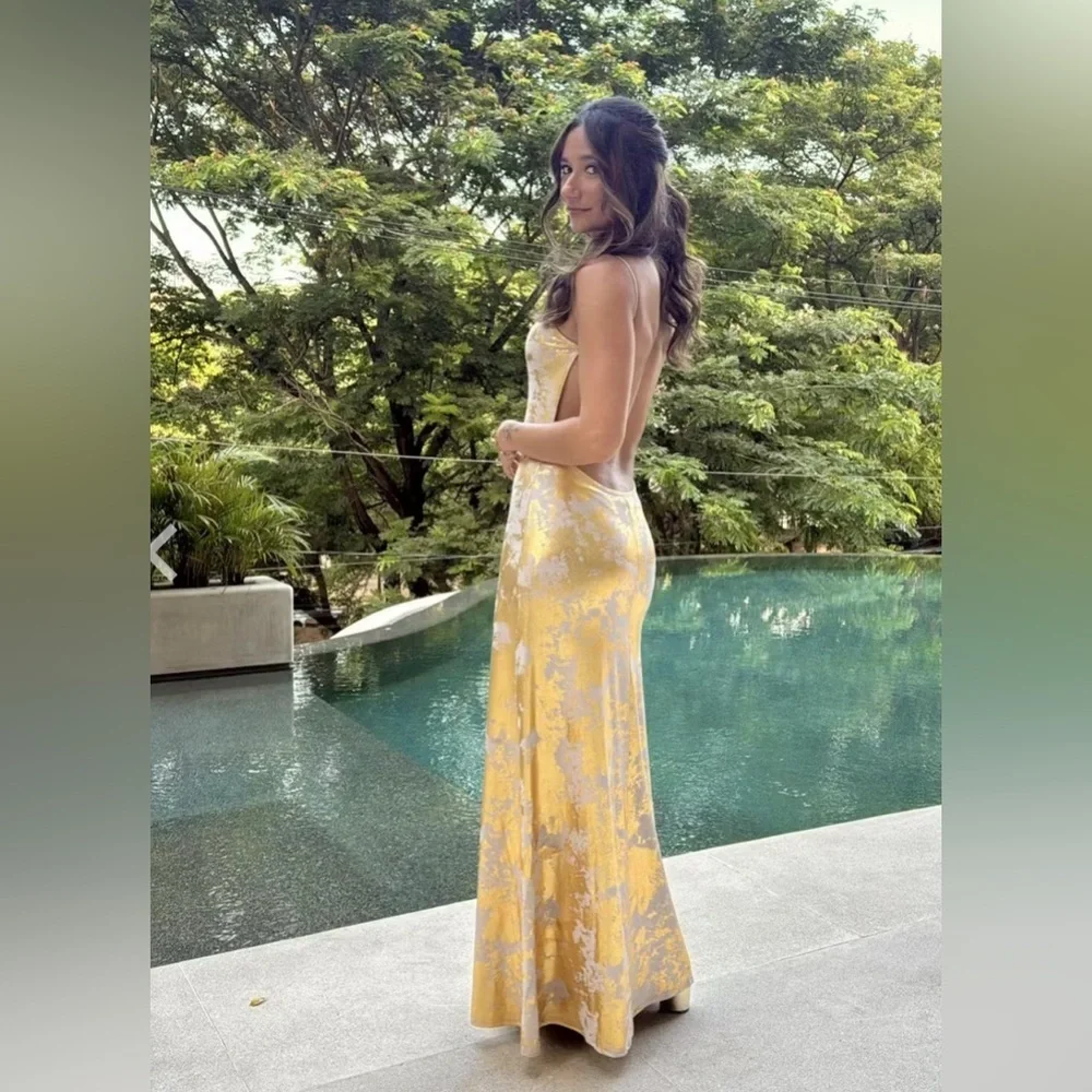 Metallic Print V-Neck Backless Slip Long Dress Commense CM4 size XS - Picture 6 of 9